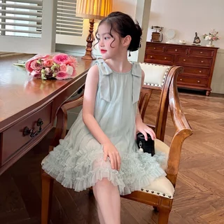 1-11 ปี ชุดเดรสเด็กผู้หญิง สไตล์เกาหลี แขนกุด ประดับด้วยโบว์ ผ้าทูลล์ านุ่มใสสบายฯ กระโปรงสาวฤดูร้อน
