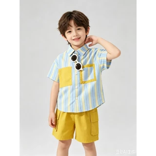 MC335 ชุดเซ็ตเด็กชายหล่อเท่ เสื้อเชิ้ตแขนสั้น กางเกงขาสั้นใส่สบาย