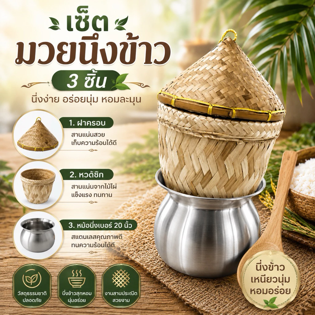 ชุดมวยนึ่งข้าวเหนียวพร้อมฝาปิด เซ็ต3ชิ้น