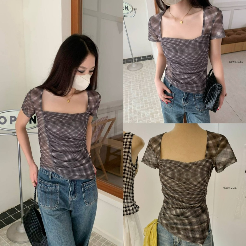 Check Square เสื้อคอเหลี่ยมแขนสั้นลายสก็อต - 9627 TAG WG.WE 🇰🇷