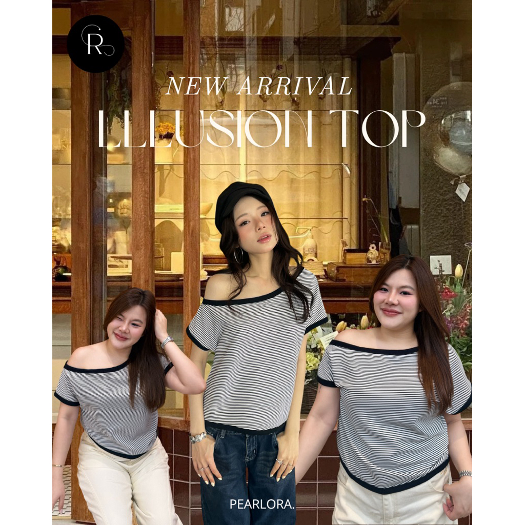 lllusion top เสื้อปาดไหล่ลายริ้วสาวอวบและสาวเล็ก แต่งขอบสีดำ ผ้าร่องยืด ใส่สบายใส่ได้ everyday&where(Size M/L)T01