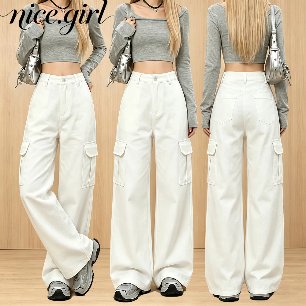 Plus Size~cargo pants White Multiple colors available กางเกงยีนส์ลำลองทรงตรงขาบาน ดีไซน์ทันสมัย มีหลายกระเป๋า HOT