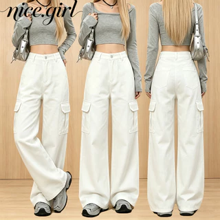 Plus Size~cargo pants White Multiple colors available กางเกงยีนส์ลำลองทรงตรงขาบาน ดีไซน์ทันสมัย มีหลายกระเป๋า HOT