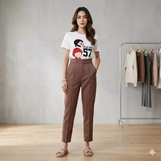 กางเกงขายาวผู้หญิง 7 ส่วนตีเกล็ตหน้า (ผ้าฮานาโกะ) (S-5XL)