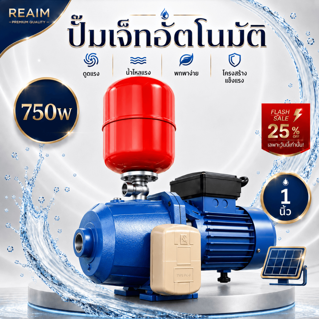 REAIM ปั๊มน้ำอัตโนมัติ ปั๊มน้ำ 750W ปั๊มน้ำอัตโนมัติ แบบสองท่อ พร้อมถังแรงดัน 8 ลิตร ดูดลึก ส่งสูง