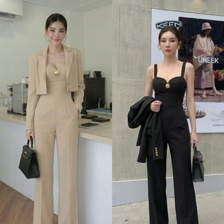 H238 จั๊มสูทผู้หญิงเอวเข้ารูป พร้อมเบลเซอร์ Premium Office Look