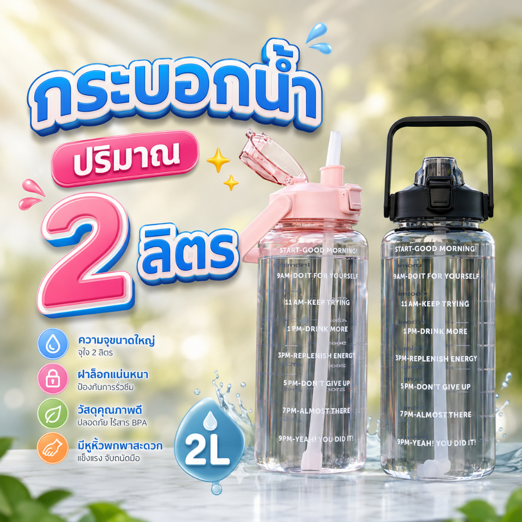 (รุ่น 01) ภาษาอังกฤษ กระบอกน้ำ ขวดใส่น้ำ ขนาด 2 ลิตร สีสันสดใส พลาสติก PC ความจุขนาดใหญ่ พร้อมส่ง!!!