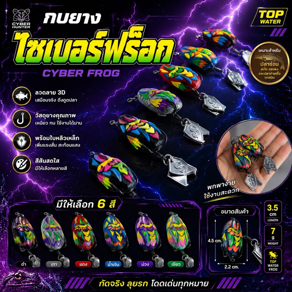 เหยื่อปลอม กบยาง Cyber Frog ไซเบอร์ฟร็อก ขนาด 3.5 cm น้ำหนัก 7 กรัม ตัวเบ็ด BKK1/O 2ใบหลิว