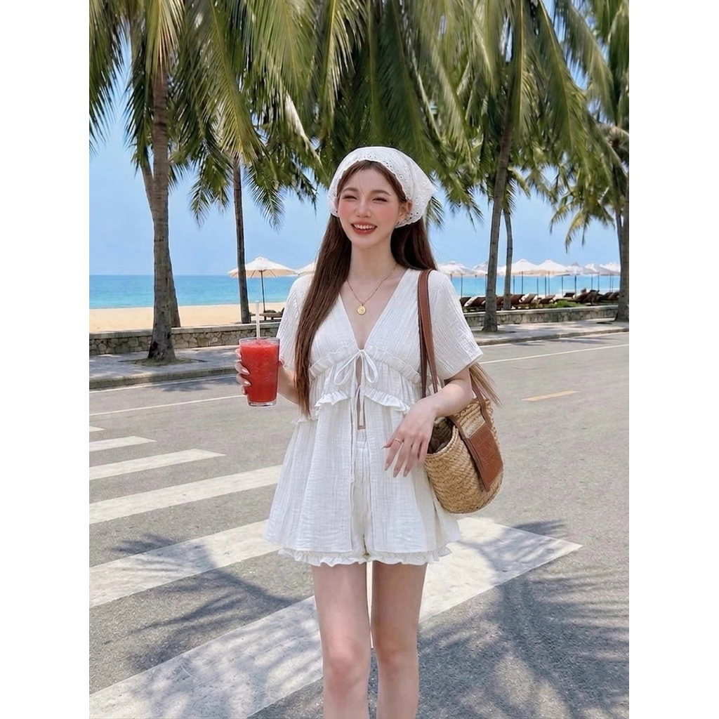 🏖️Sandy Day ชุดเซ็ต 2 ชิ้น เสื้อแขนสั้นผูกหน้า+กางเกงขาสั้นบอลลูน