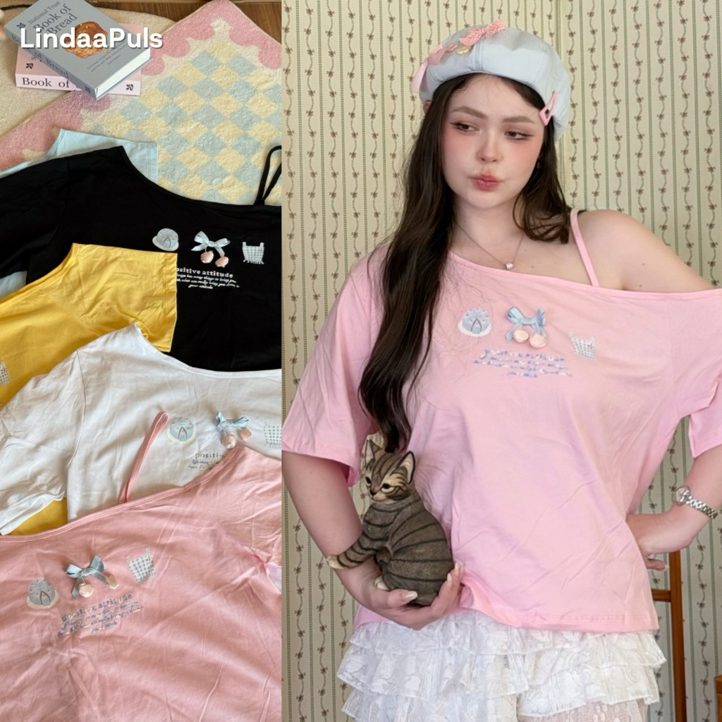 LindaaPlus-- เสื้อปาดไหล่ทรง“𝐎𝐯𝐞𝐫𝐬𝐢𝐳𝐞” 🩵🎀 เนื้อผ้าคอตตอน หน้าผ้าใหญ่ งานรีดอก พร้อมแต่งอะไหล่เชอร์รี่ โทนสีสดใส น่ารัก✨