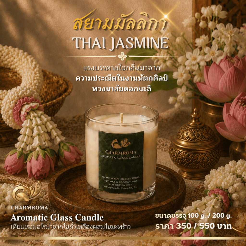 สยามมัลลิกา THAI JASMINE | เทียนหอมอโรม่า Aromatic Glass Candle | ชาร์มโรม่า CHARMROMA