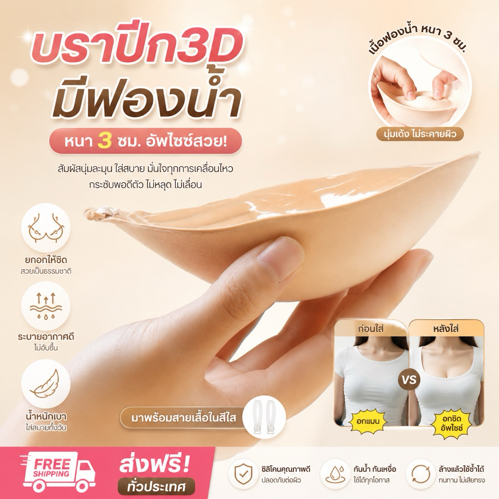 PrettyLady Shop(NO.40)บราปีก3D มีฟองน้ำ กาว ในด้วย （พร้อมสายเสื้อในสีใส）ช่วยยกกระชับหน้าอกให้สวยงาม บรา