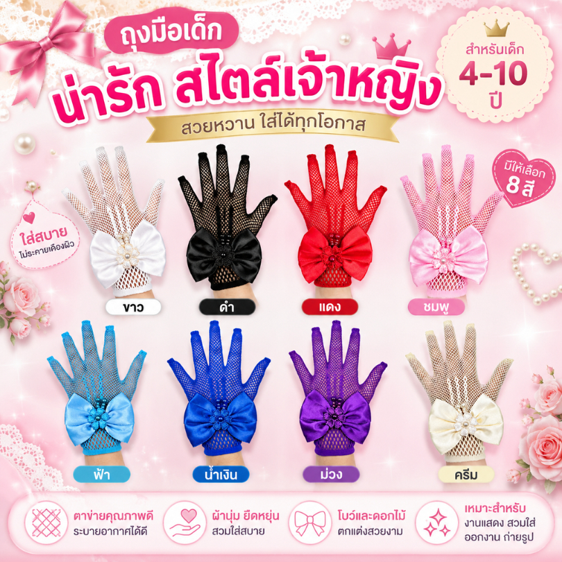 ถุงมือเด็ก อายุ 4-10 ปี ผ้าตาข่ายแต่งโบว์ สำหรับกิจกรรมการแสดงต่างๆ มีหลายสี ผ้ายืดหยุ่นได้ดี ระบายอากาศไม่อับชิ้น