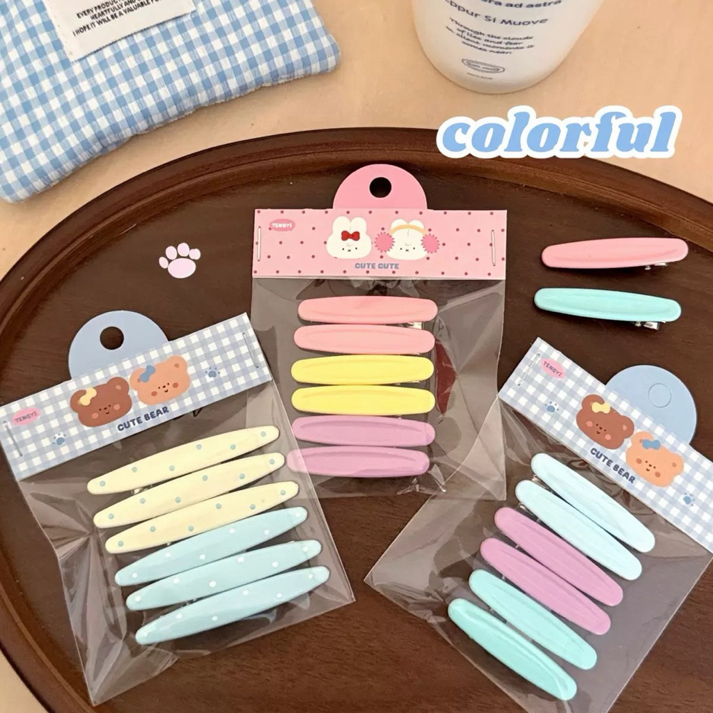 Cute 534 กิ๊บติดผม กิ๊บหนีบผมทรงรียาวสีสดใส 6 ชิ้น/แพ็ค