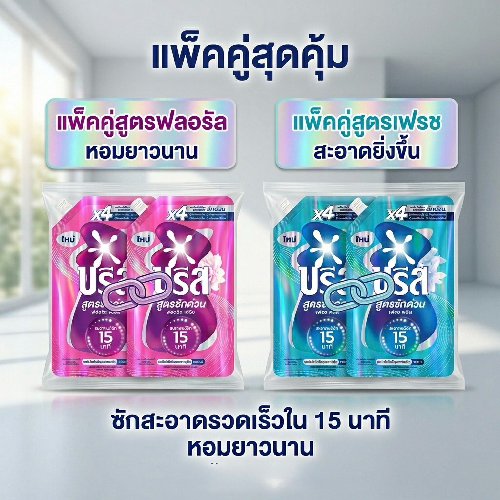 [แพ็คคู่สุดคุ้ม] บรีส สูตรซักด่วน 15 นาที ขนาดถุงเติม550ml.  - ฟลอรัล เบิร์ส / เฟรช คลีน
