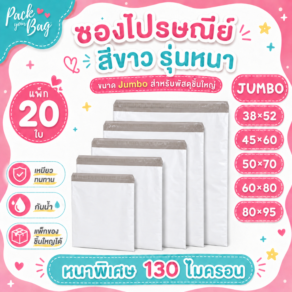 ถุงไปรษณีย์พลาสติก (รุ่นจัมโบ้ 20 ใบ) ซองไปรษณีย์ สีขาวหนา130ไมครอน ทึบแสง100%