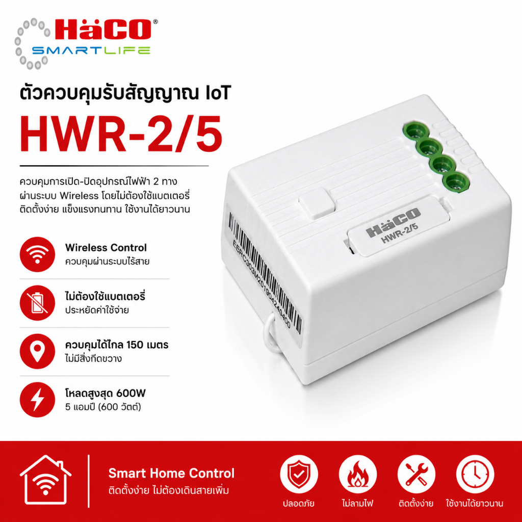 ตัวควบคุมสวิตช์ไฟ Smart IoT HACO 2 วงจร รุ่น HWR-2/5