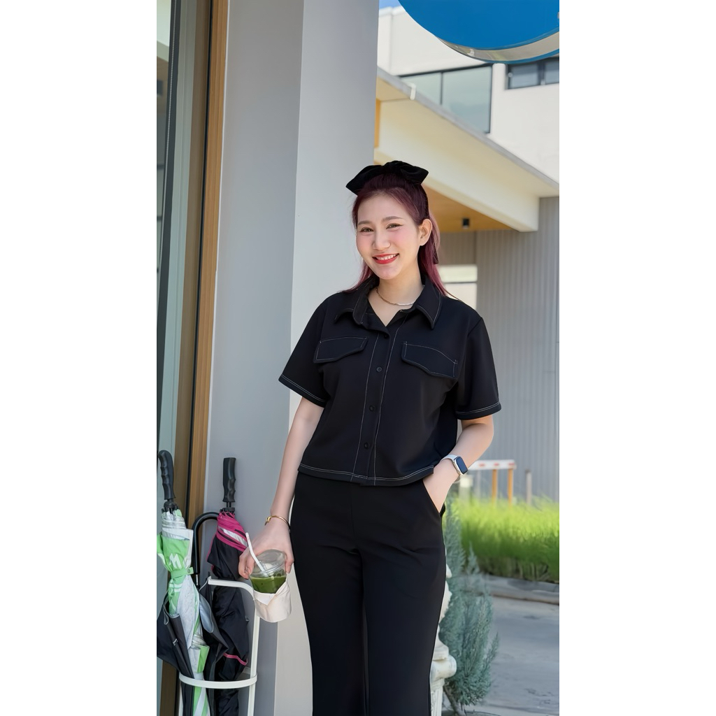 AREE | Stitch Crop Shirt(มีไซส์) เสื้อเชิ้ตทรงครอปสั้น แต่งดีเทลด้าย  ไม่ต้องรีด ทรงเท่แมทช์ง่าย