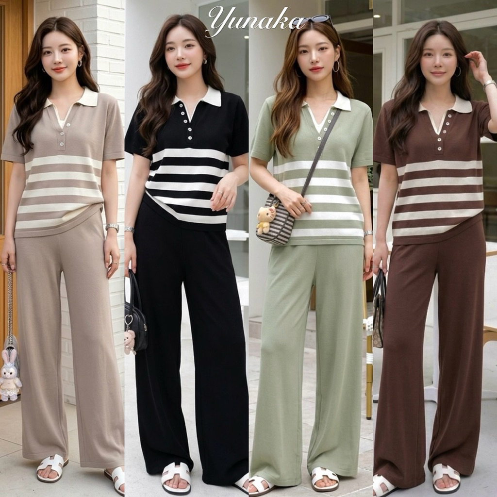 เซท2ชิ้น เสื้อเชิ้ตปกคอวีแขนสั้นแขนทอลายริ้วใหญ่กระดุมหน้าอก  มาพร้อมกางเกงขายาว เอวยางยืดเส้นใหญ่
