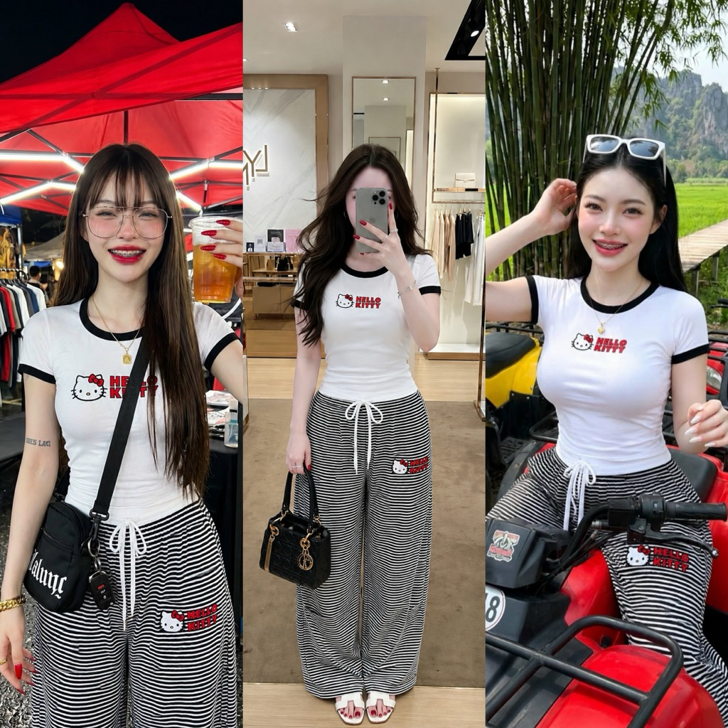 เซ็ท2ชิ้น เสื้อคอกลม+กางเกงริ้วขายาว น้อนคิดตี้ น่าารักมาก🖤🤍❤️