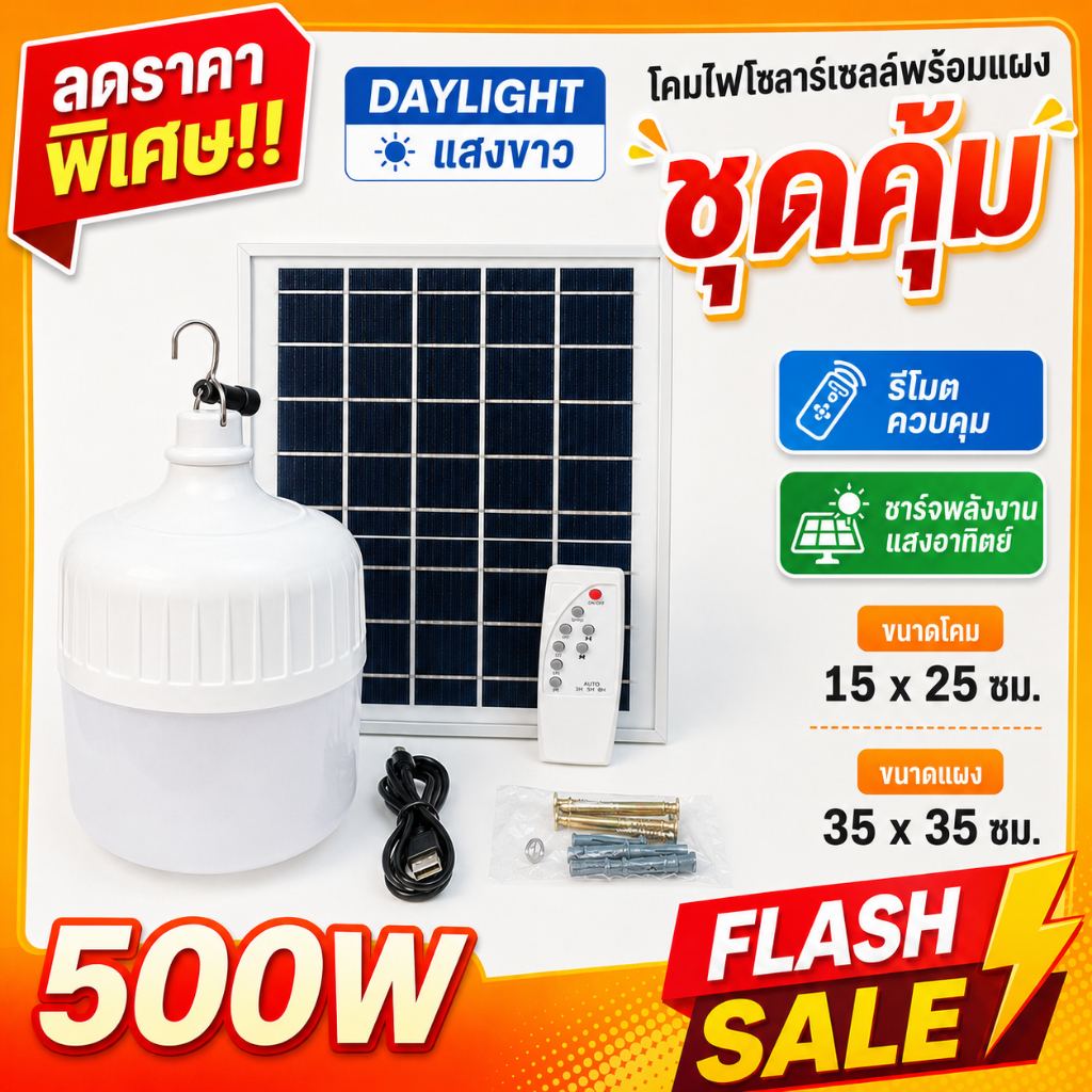ไฟตุ้ม หลอดพี่โบ้ 500W 400W 300W 200W แสงขาว รุ่นกันน้ำ 2026 ไฟพลังงานแสงอาทิตย์ Solar cell แผงโซล่าเซลล์และหลอดไฟ Led