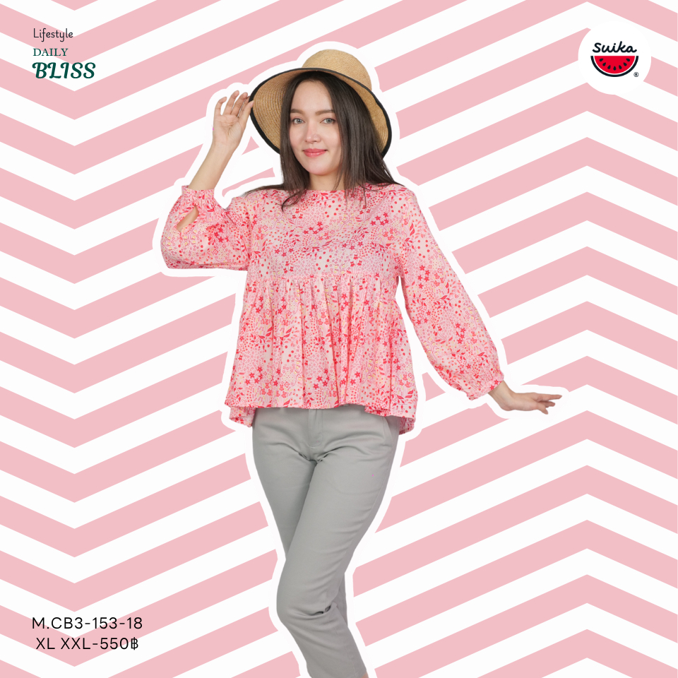 เสื้อแตงโม (SUIKA) - เสื้อคอปาดแขนทรงพองต่อใต้อกรูดจีบหน้า-หลัง แขนสามส่วน (M.CBF3-153 333) — صورة 5