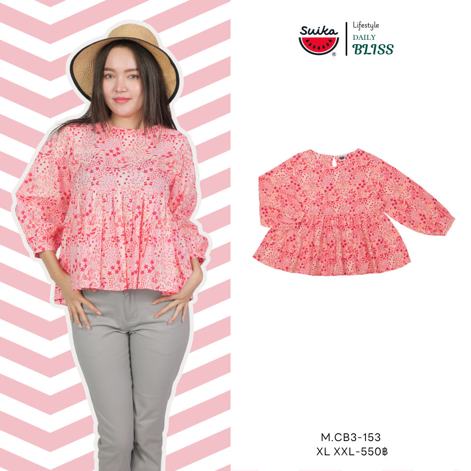 เสื้อแตงโม (SUIKA) - เสื้อคอปาดแขนทรงพองต่อใต้อกรูดจีบหน้า-หลัง แขนสามส่วน (M.CBF3-153 333) — صورة 2