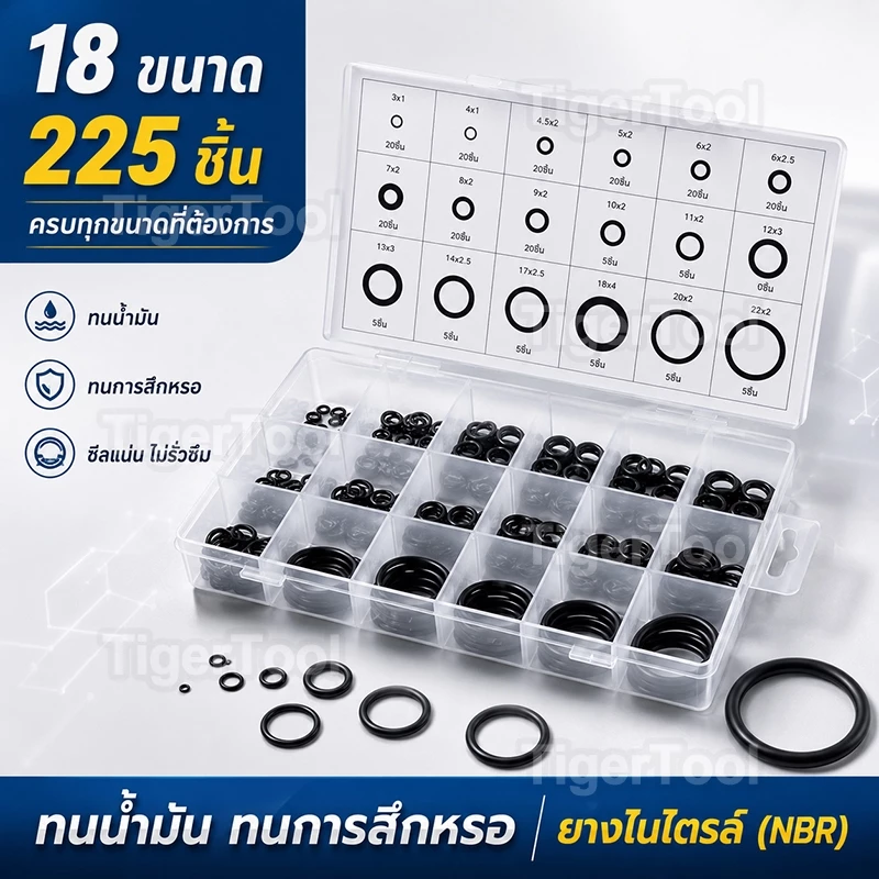 ชุดโอริงยาง 225 ชิ้น 18 ขนาด ยอดนิยม ทนทาน กันรั่วซึม สำหรับงานประปา รถยนต์ และอุตสาหกรรม (มีแบบซองและกล่อง)