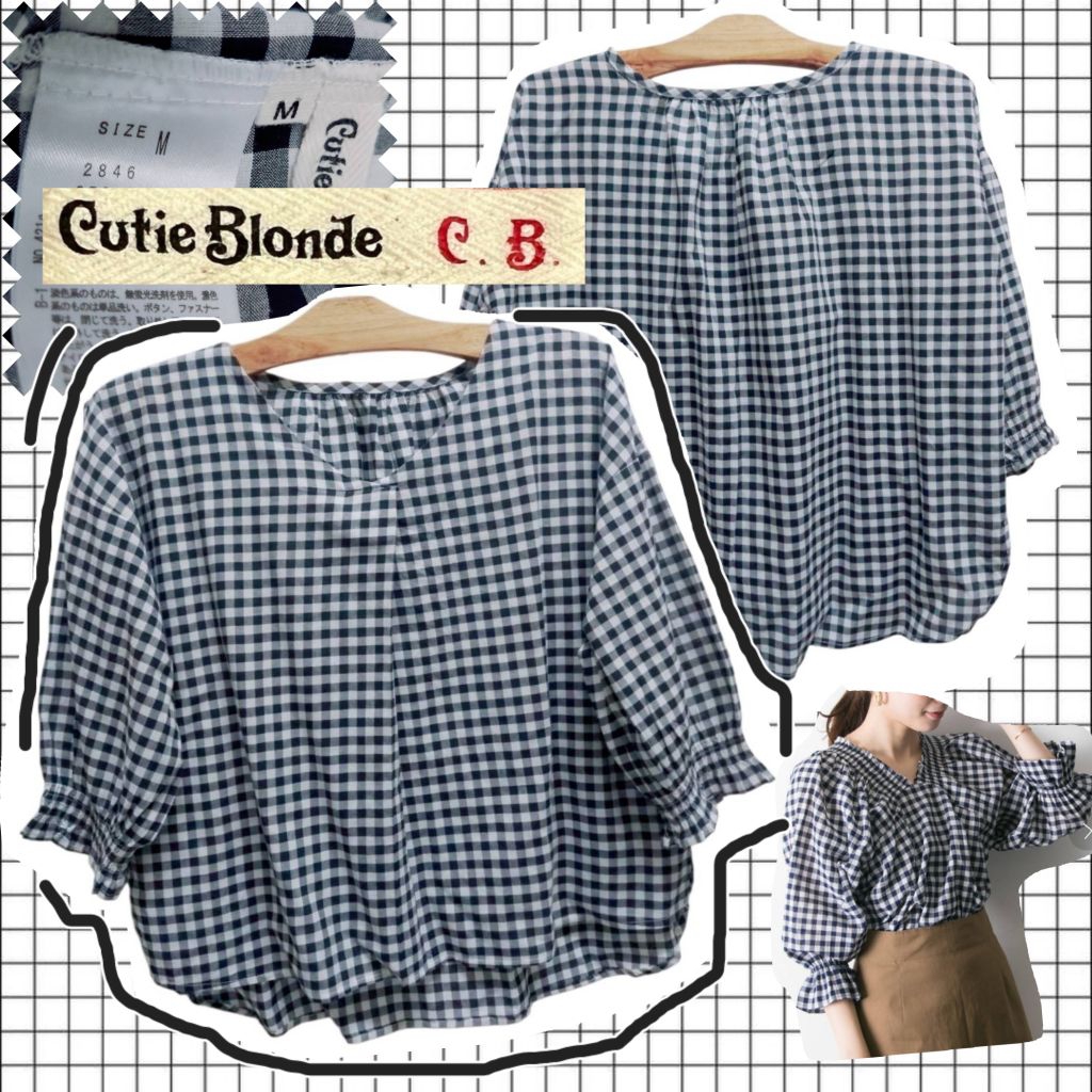 U034🍙C U T I E_B L 0 N D C.B.=เสื้อเบลาส์ผ้าคอตตอนลายตาราง
