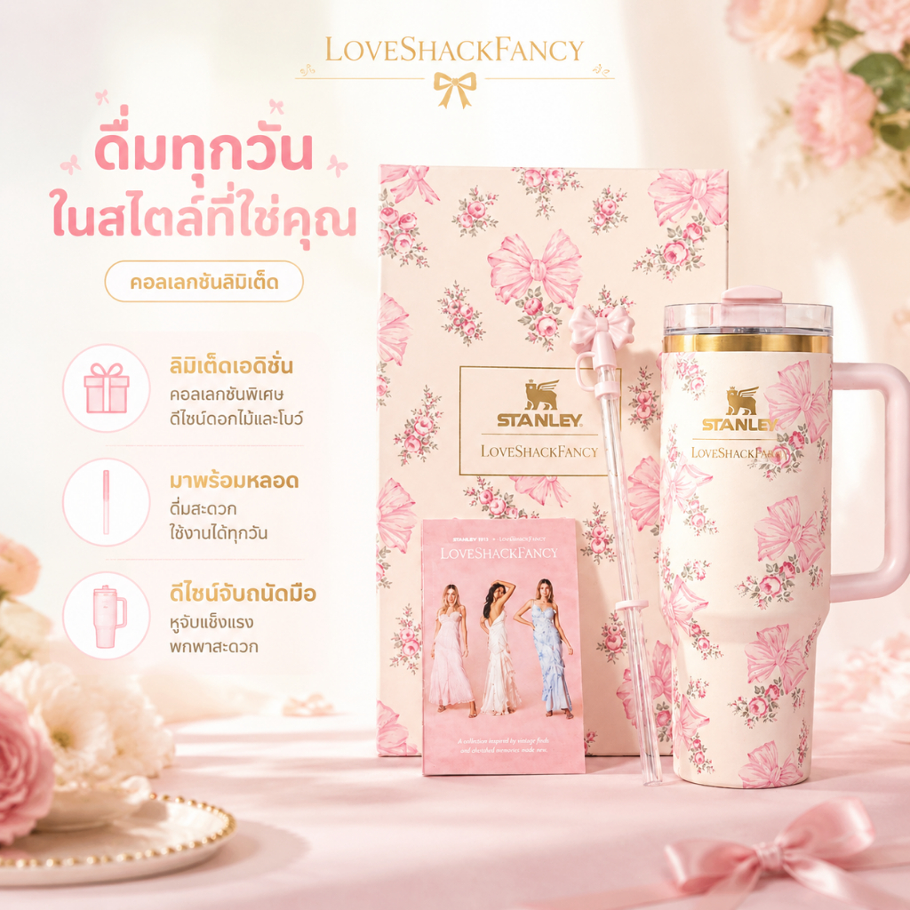 Stanley LoveShackFancy 40oz Soft Matte แก้วเก็บเย็น BPA FREE น้ำแข็ง48ชม. แท้100% ส่งไวไทย