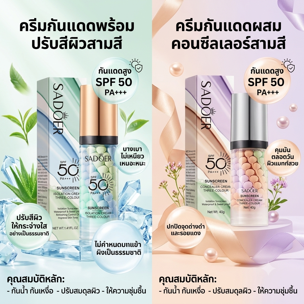 SADOER Sunscreen Cream 3in1 SPF 50 PA+++ ครีมกันแดดเอนกประสงค์ กันแดด+คอนซีลเลอร์+ไพรเมอร์ เบลอรูขุม
