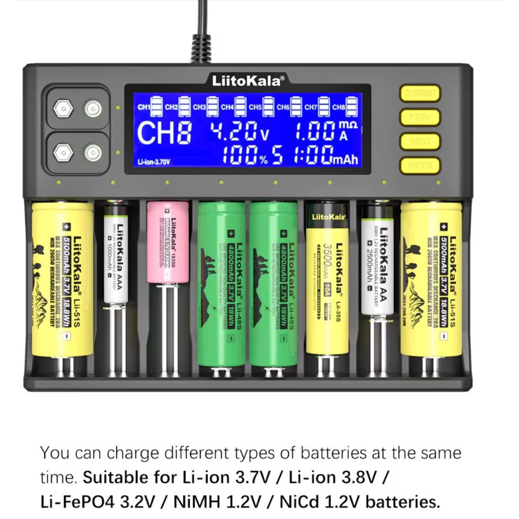 (แท้100%) LiitoKala เครื่องชาร์จ Lii-S8 สำหรับ Li-Ion 3.7V NiMH 1.2V Li-FePO4 3.2V IMR 3.8V