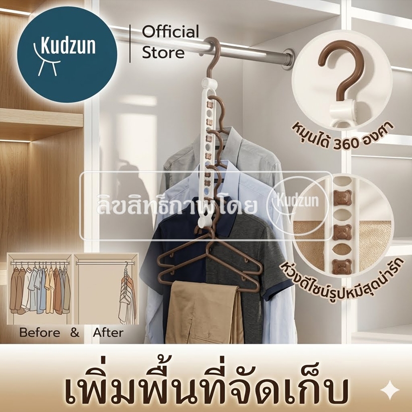 Kudzun ไม้แขวนเสื้อ พลาสติก ไม้แขวนจัดระเบียบเสื้อผ้า (ไม่ใช่ของจีน) ราวแขวน # 84 คละสี