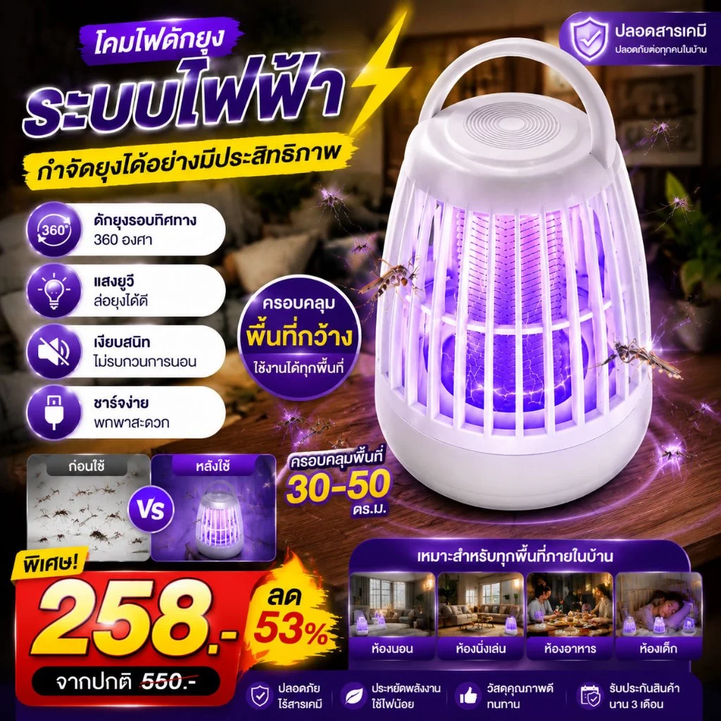 🪰อัตราการฆ่ายุง99%🪰เครื่องดักยุงและแมลงUV แสงม่วงล่อยุง แบบ 360 องศา ปกป้องคนที่คุณรัก ฆ่ายุงด้วยคลื่นเสียงกายภาพ