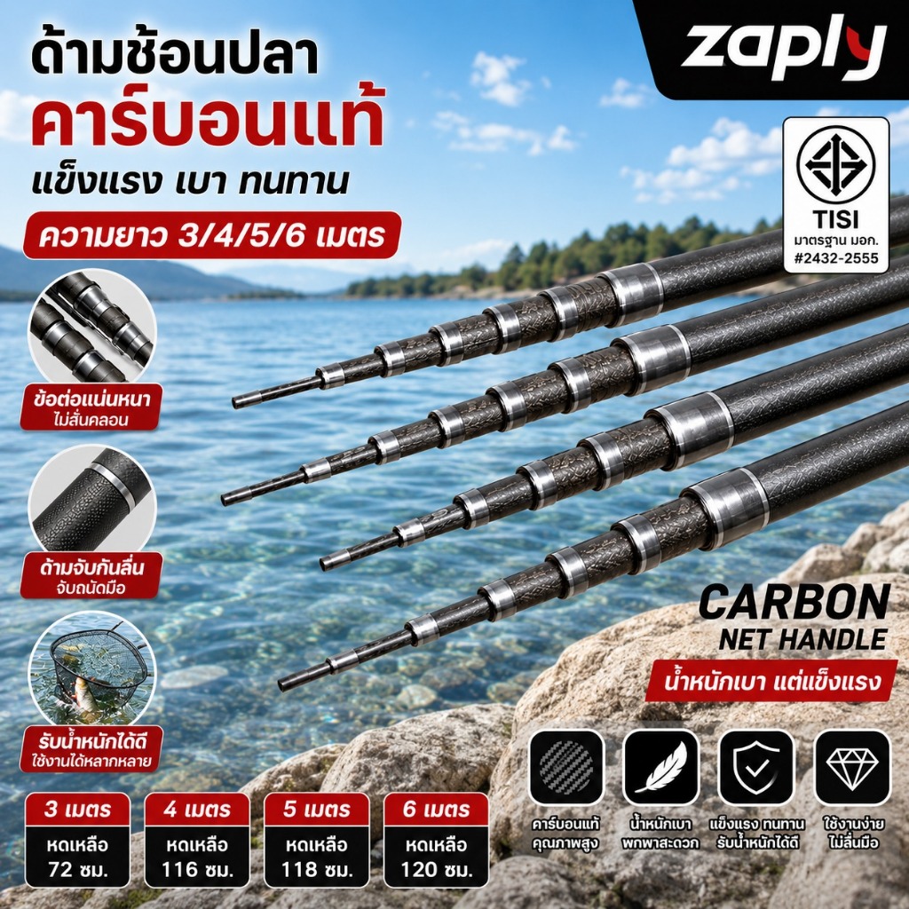 COD ด้ามสวิง 3m/4m/6m สวิงยืดหดได้ สวิงตักปลา Carbon Dip Net Rod หดตัวความยาวเพียง 117 ถึง 130 ซม