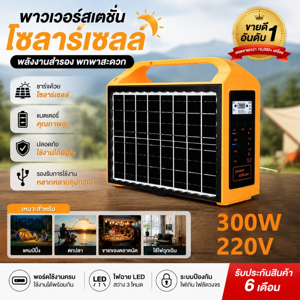 Power Station แบบพกพา 300W 220V ชาร์จด้วยแสงอาทิตย์ได้ แบตเตอรี่ใหญ่ ใช้ในแคมป์และบ้าน
