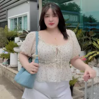 เสื้อโรซี่ลายจุดทรงสม็อกแขนตุ๊กตามีซับใน