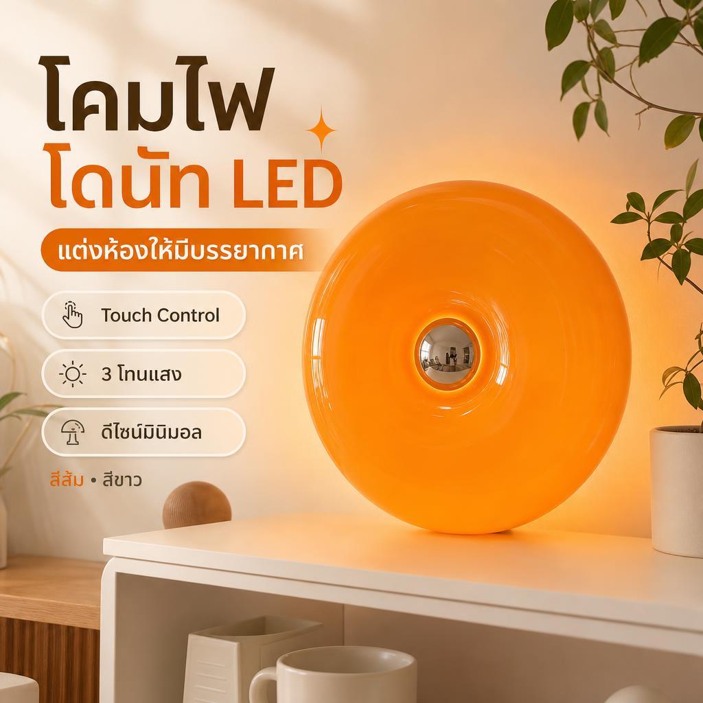 โคมไฟโดนัท LED ตั้งโต๊ะ ระบบสัมผัส ปรับแสง 3 โทน สำหรับหัวเตียง แต่งห้องมินิมอล