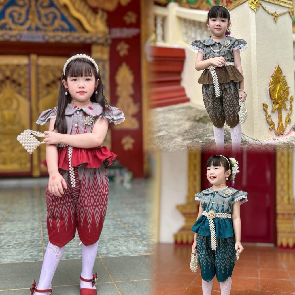 ชุดไทยเด็กหญิง เสื้อคอบัว แต่งแขนลูกไม้-ผ้าฝ้ายหมักโคลน - หญิง