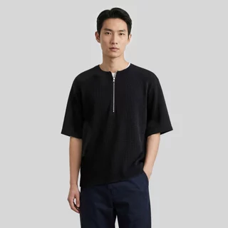 B&R เสื้อยืดแขนสั้น Short-sleeved T-shirt การออกแบบซิปครึ่ง ผ้าลายวาฟเฟิล สีพื้น เรียบง่ายสไตล์ญี่ปุ่น รูปแบบหลวมสบาย