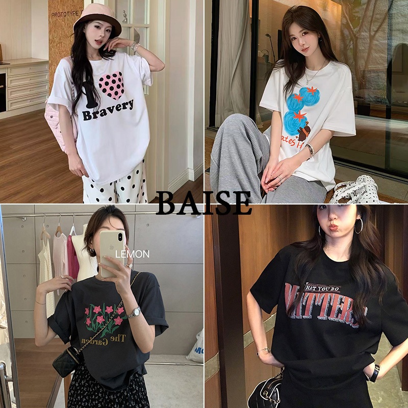 BAISE T-shirt จัดส่งจากไทย💖เสื้อยืดแฟชั่นผู้หญิงขาว oversize แขนสั้นคอกลม ทรงหลวม ลายพิมพ์มะเขือเทศ ผ้านุ่ม ใส่สบายS-3XL