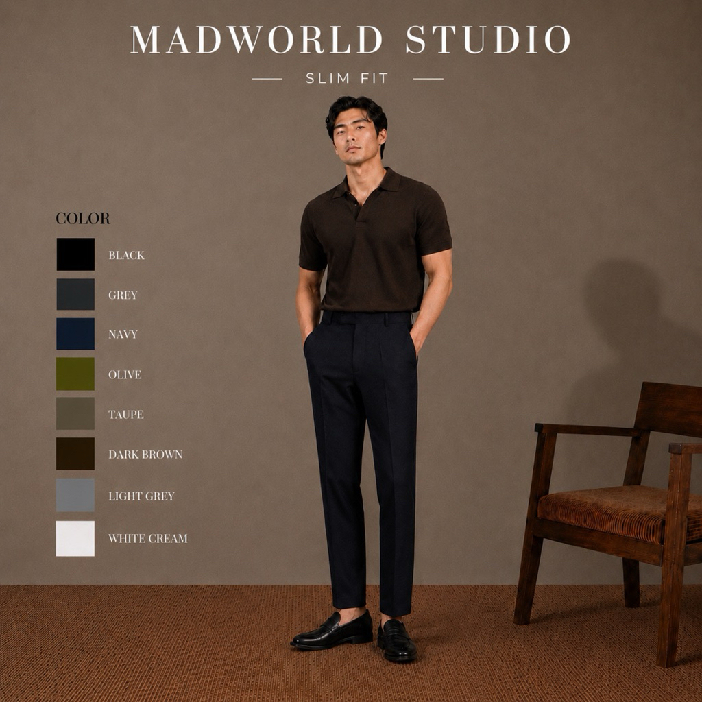 MADWORLD STUDIO / SLIM FIT  TROUSERS  กางเกงทรงกระบอกเล็กเอวกลางปลายขาเต่อ เหมาะกับคนชอบขาเต่อ