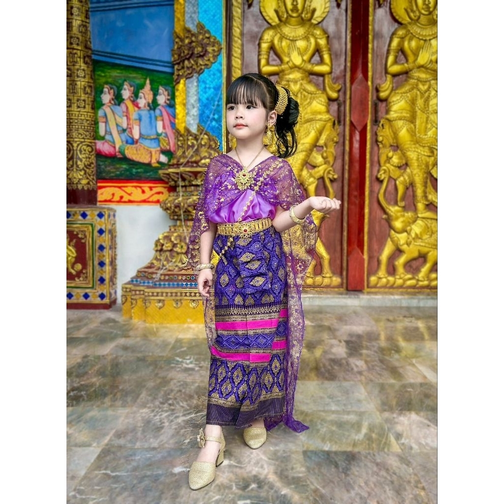 วันทองม่วงไทยเด็ก3-10ปีสไบและผ้าถุงเป็นยางยืดมีให้เลือก8ขนาด ราคาไม่รวมเครื่องประดับ