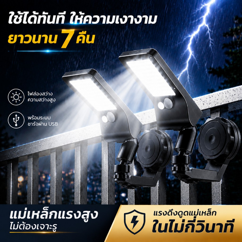💡 5000W โคมติดผนังโซล่าเซลล์ ส่องไกล 100 ม. แม่เหล็กติดตั้งง่าย พกพาสะดวก กันน้ำ IP68 กันฝน กันฝุ่น ทนทาน ตกแต่งสวนบ้านส