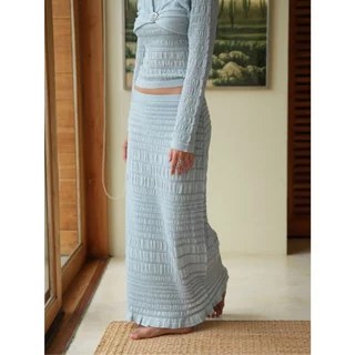 knitCircle - LAGOON Maxi Skirt (5 สี) กระโปรงยาวไหมพรม เอวยางยืด ลายทอย่นทั้งตัว เว้นช่วงกว้างสลับแคบ เนื้อผ้าโปร่ง
