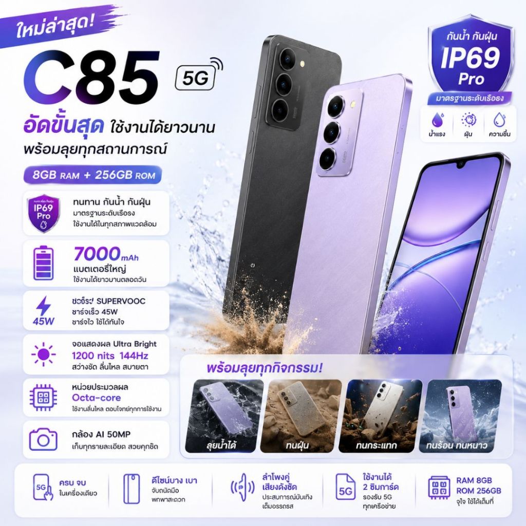 🔥 realme 🔥C85 (8+256GB) 5G กันน้ำกันฝุ่นระดับ IP 69 Pro จอแสดงผลultra bright 1200 สมาร์ทโฟน