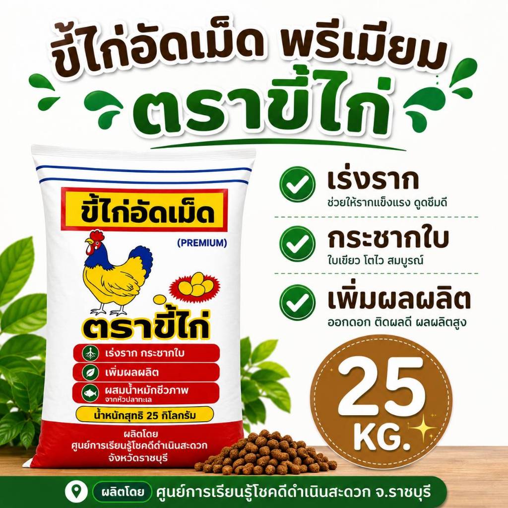 ขี้ไก่อัดเม็ด ตราขี้ไก่ ผลิตจากขี้ไก่สดแท้ 100% กระสอบละ 25 กิโลกรัม