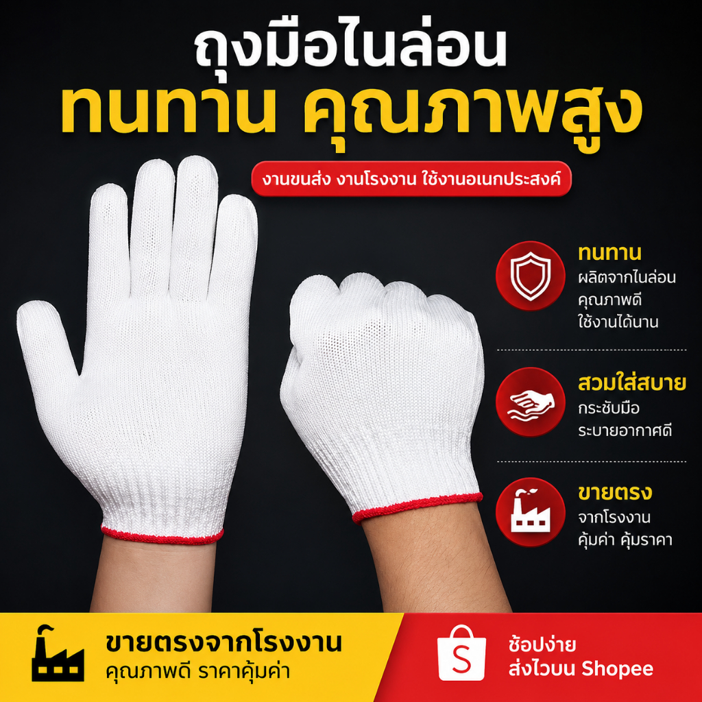 ถุงมือผ้าฝ้าย/ไนลอน สีขาว ใส่สบาย ระบายอากาศ ทนใช้ เหมาะกับงานช่าง แพ็คสินค้า ก่อสร้าง 10/12 คู่
