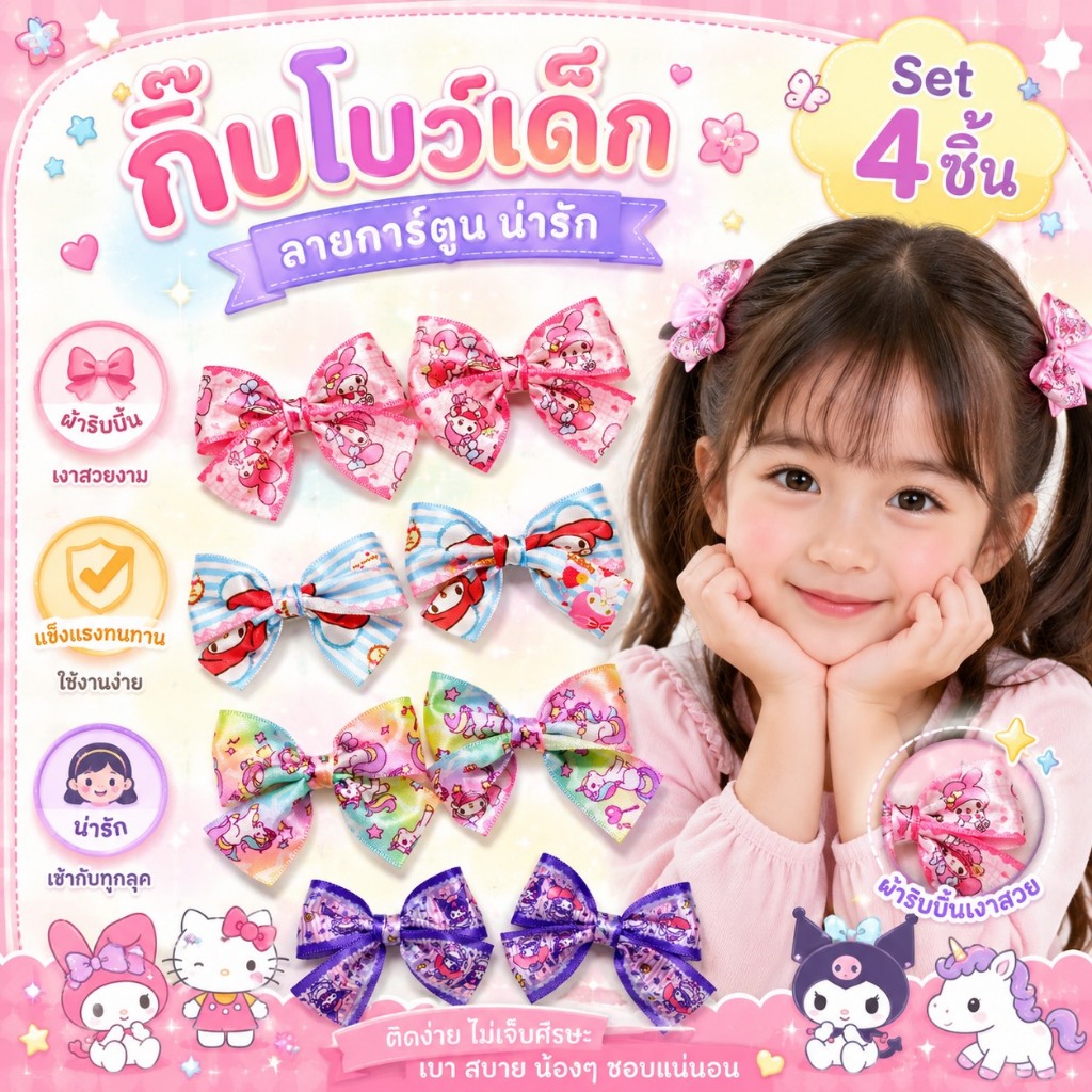 กิ๊บโบว์ลายการ์ตูนน่ารัก Set 4 ชิ้น กิ๊บเด็กอนุบาล เด็กเล็ก
