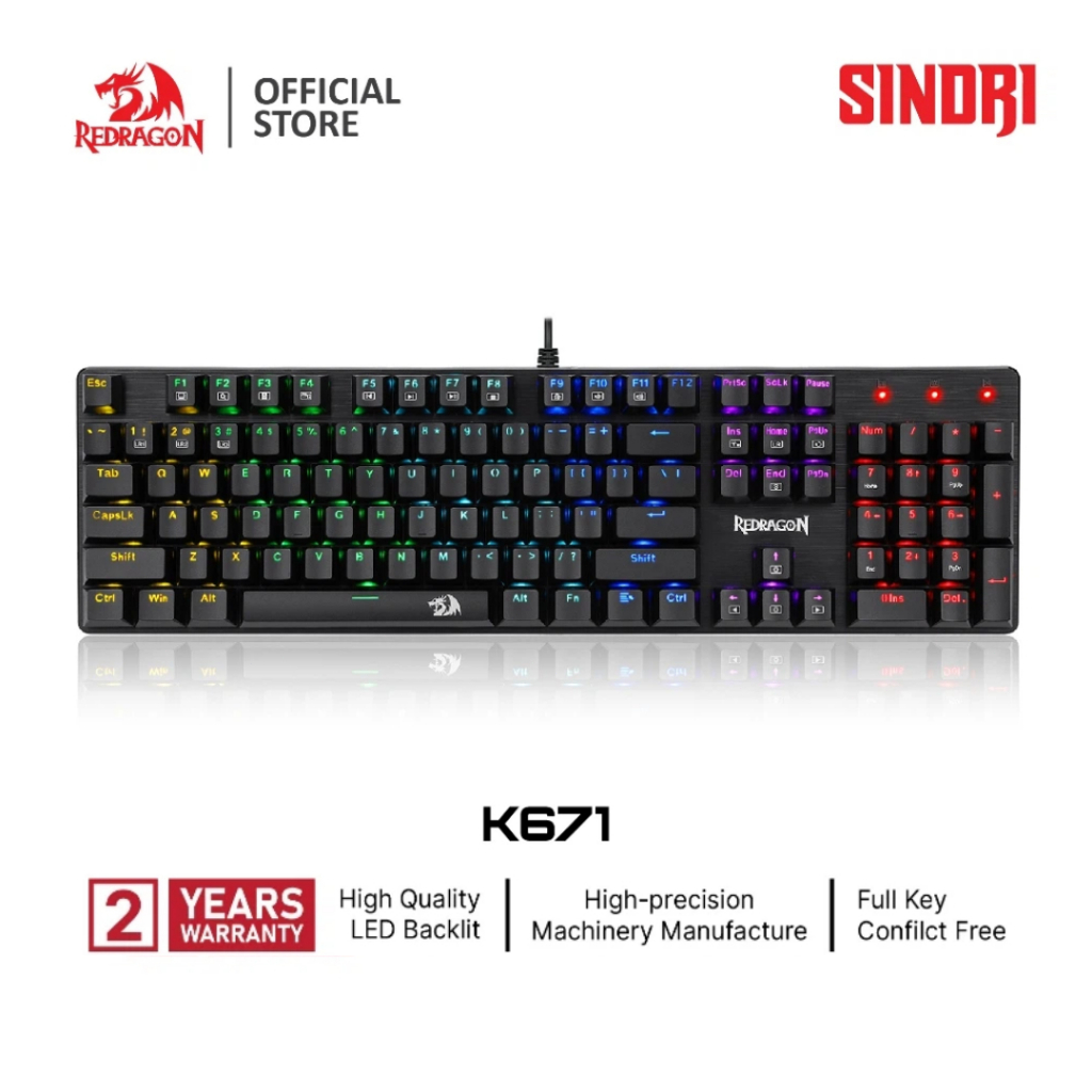 Redragon SINDRI K671 คีย์บอร์ดกลไกมีสาย Mechanical Keyboard 104 คีย์ ไฟ RGB Backlight คีย์แคป Double-Shot PBT ทนทาน